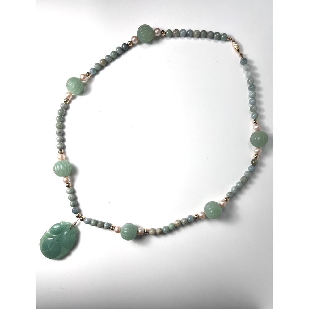 VTG Hand Carved Lotus Fruit Jade Pendant Necklace with Pearls & Gold Tone Beads